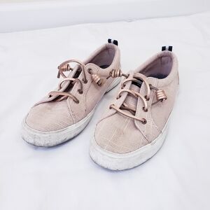 Sperry Crest Vibe Pier Wave Sneaker Slip On Tan Canvas Sparkle Size 7.5